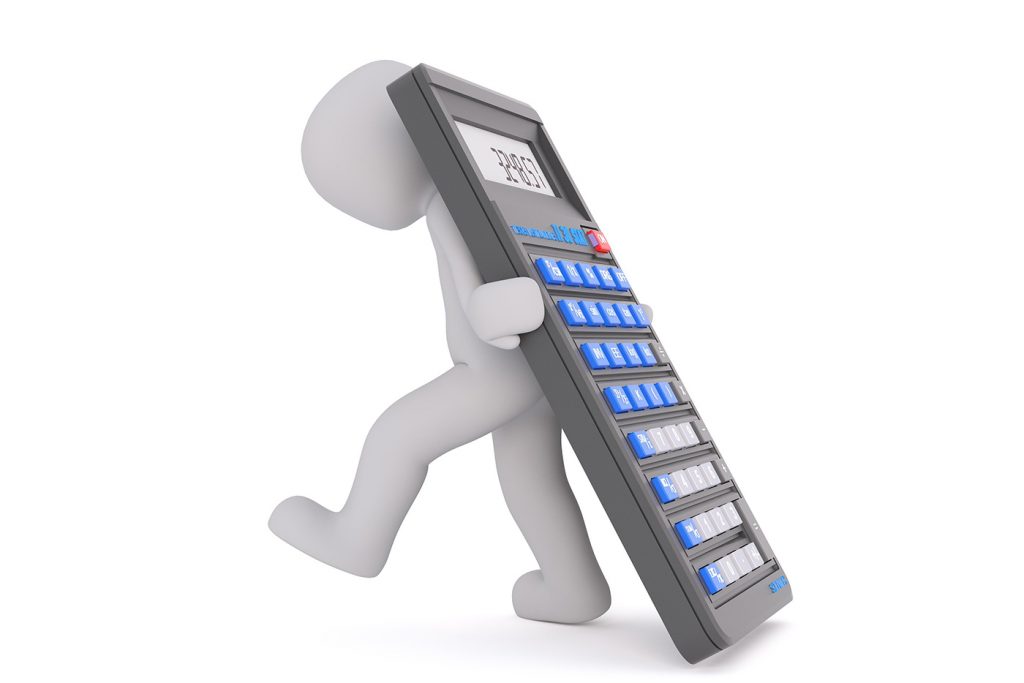 small man carrying a large calculator to symbolise functional skills in maths