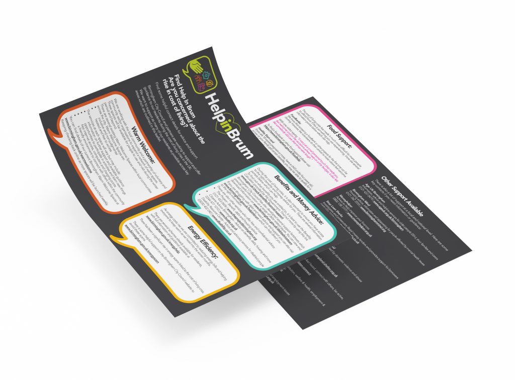 Leaflet for Help In Brum, focusing on the current cost of living crisis